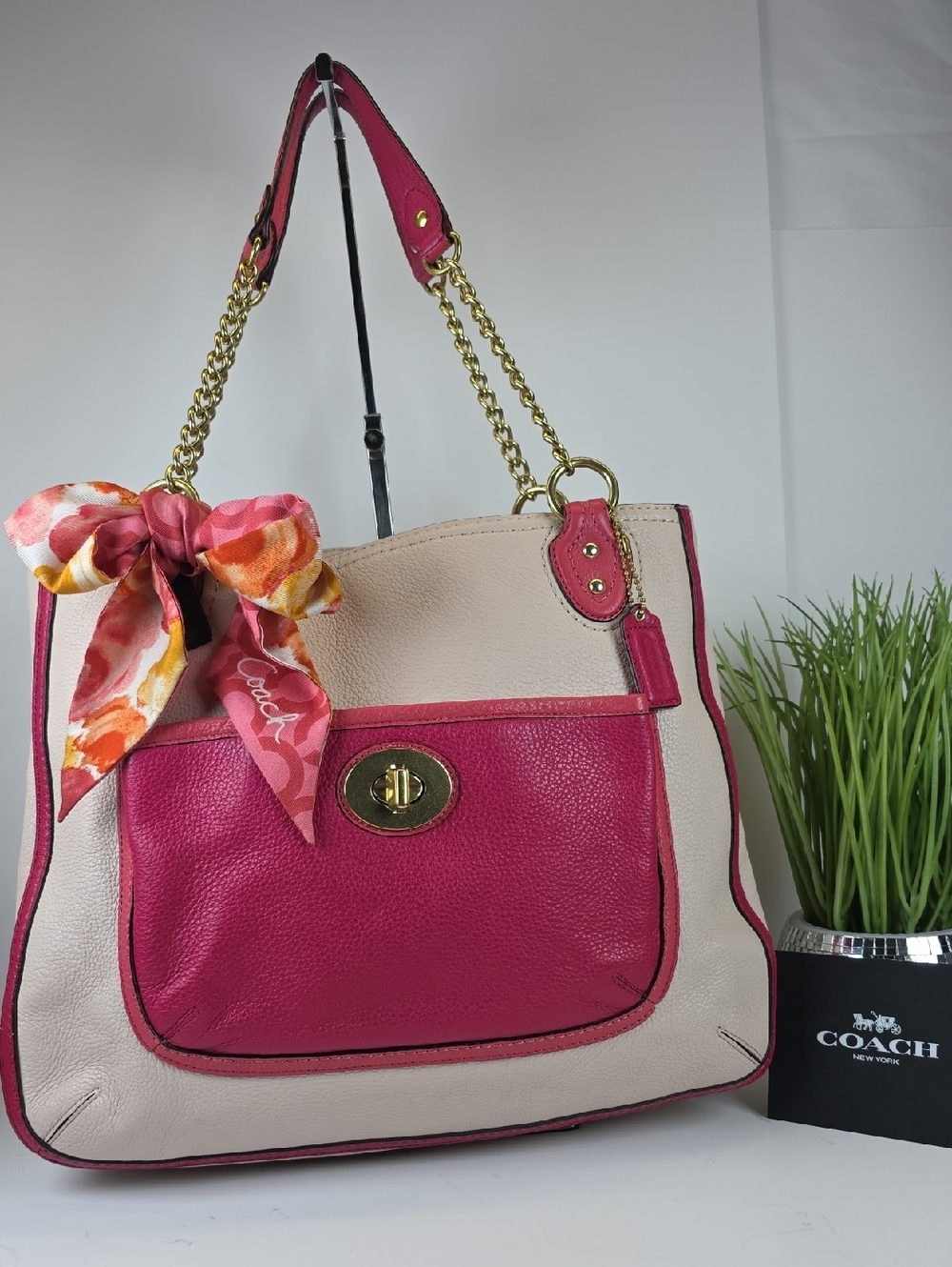 Coach Y2K Poppy Colorblock Pink & Blush Leather Large Shoulder Bag Gold Chain